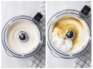 Step 5 shows softening the cream cheese and step 6 shows adding the yogurt, lemon juice, and flavorings into the mixture.